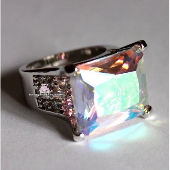 925 Sterling Silver Womens His Presence of God Aurora Borealis Ab Chunky Ring 10 - Picture 5 of 6